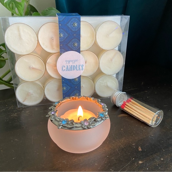 Partylite Floral Pewter Rhinestone Holder 12 Hand Poured Tea Light Soy Candles - Picture 1 of 4